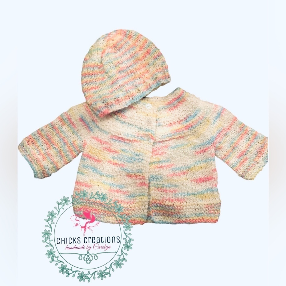 Hand Knit Baby Sweater Set, Variegated Pattern, NEW Size 3-6 months